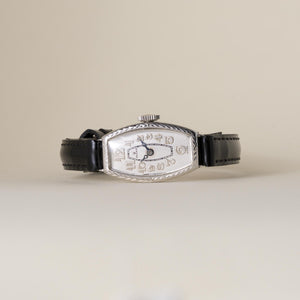 Art Deco Ladies Rolex 9K Gold Tonneau Shape on Black Thin Leather Strap