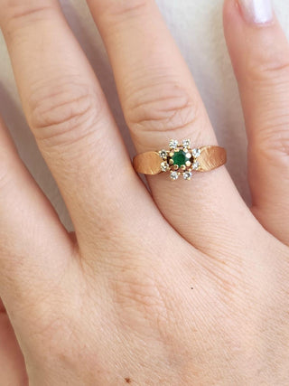 Vintage 1960's 14 Karat Gold Emerald and Diamond Floral Cocktail Ring