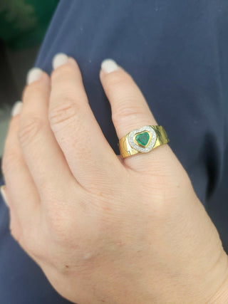 Vintage Heart Shape Emerald Diamond Halo Mesh Chain Gold Ring 18K Yellow Gold