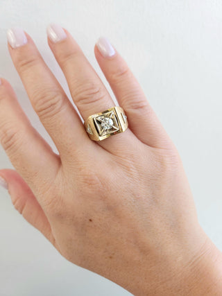 1940s Retro 0.65 Carat Old European Cut Diamond Signet Ring 14K Two Tone Gold