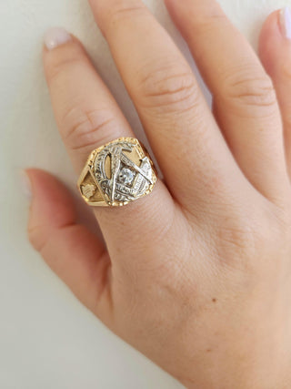 Retro 14K Rose Gold Masonic Old Mine Cut Diamond Signet Ring