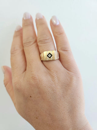 1950s Vintage Modernist Diamond Signet Solitaire Striped Ring 14K Yellow Gold