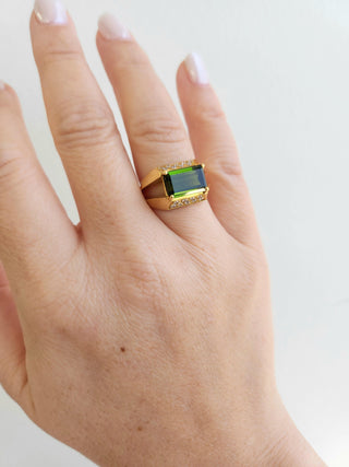 Estate 18K Gold Green Tourmaline Emerald Cut Diamond Pave Modernist Ring