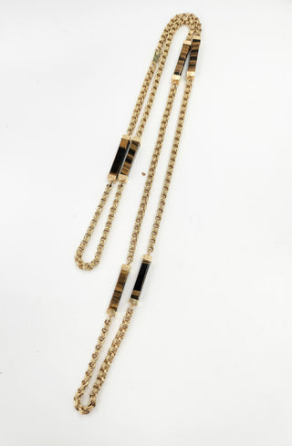 Vintage 1970s Tiger's Eye Gemstone Long  Station Chain Necklace 14K Yellow Gold