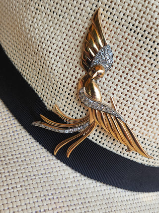 Vintage 1.75 Carats Italian Diamond & Ruby Phoenix Bird Brooch 18K and Platinum