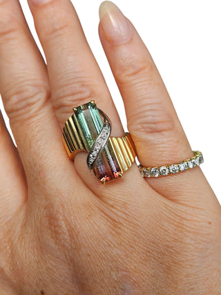 Vintage 18K/ Plat Gold Watermelon Tourmaline and Diamond Ring