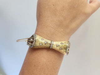 Retro 14K Brushed Gold and Diamond Stars Bow Tie Bangle Bracelet