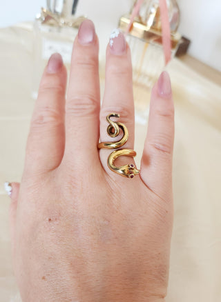 Vintage 18K Gold Coiled Serpent with Ruby Eyes Ring