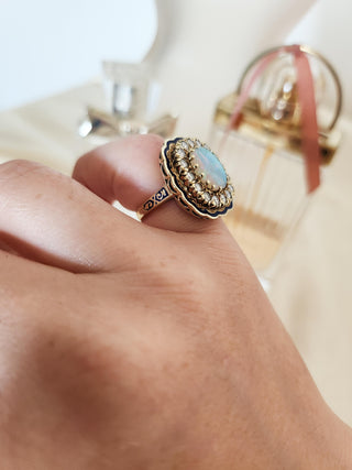 Vintage 14K Gold Opal and Diamond and Enamel Cocktail Ring