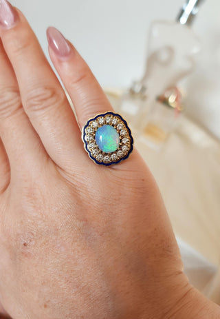Vintage 14K Gold Opal and Diamond and Enamel Cocktail Ring