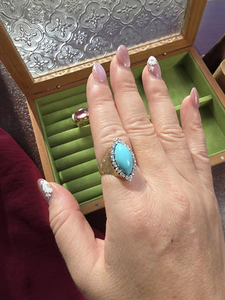 Vintage Italian 18K Gold Turquoise Cabochon and Diamond Navette Ring