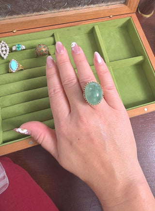 Vintage 14K Gold 35 Carat Emerald Cabochon and Diamond Dome Cocktail Ring