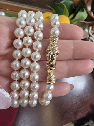 Vintage 14K Gold Cream Pearl Strand with Ruby Serpent Clasp