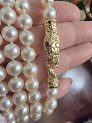 Vintage 14K Gold Cream Pearl Strand with Ruby Serpent Clasp