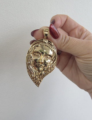 Vintage 28.98g Goddess Face Portrait Figural Pendant 2.75in Sculpted 14K Gold