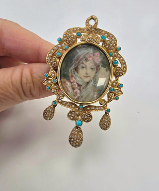 Vintage 14K Gold Turquoise and Seed Pearl Lady Portrait Brooch Pendant