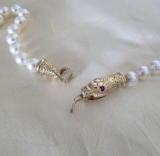 Vintage 14K Gold Cream Pearl Strand with Ruby Serpent Clasp