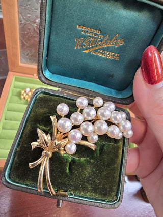 Vintage 14K Gold Mikimoto Akoya Pearl Floral Bouquet Brooch