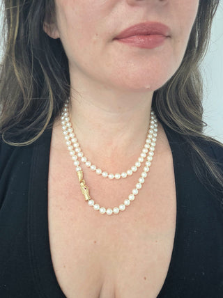 Vintage 14K Gold Cream Pearl Strand with Ruby Serpent Clasp