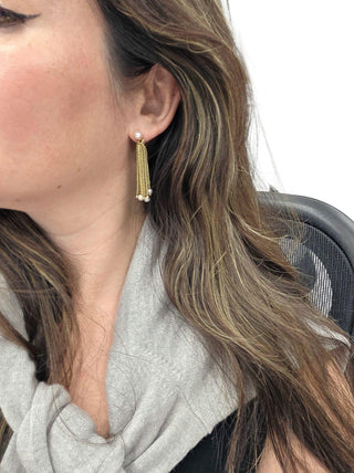 Vintage 1970s Pearl Wheat Chain Tassel Dangle Earrings 14K Gold