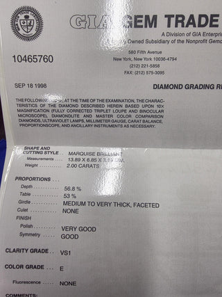 2.00ct Elongated Marquise E VS1 GIA Certified Loose Diamond