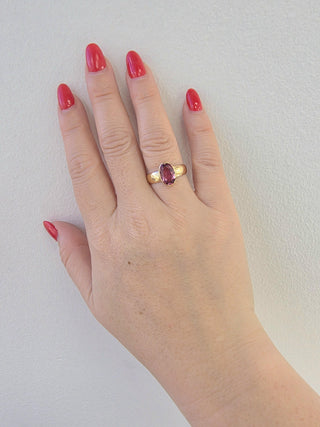 Vintage Finnish 1.80 Carat Pink Oval Gemstone Tourmaline Bezel Rose Gold Ring