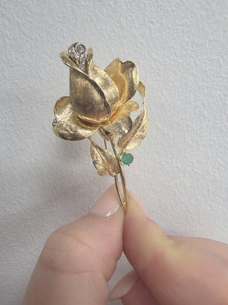 Vintage 14K Gold Rose Flower Diamond and Emerald Brooch