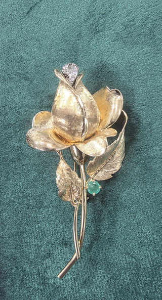 Vintage 14K Gold Rose Flower Diamond and Emerald Brooch