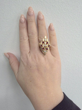 Vintage 14K Gold 1 Carat Ruby and Diamond Brutalist Navette Cocktail Ring