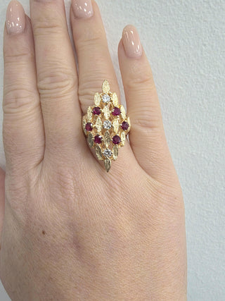Vintage 14K Gold 1 Carat Ruby and Diamond Brutalist Navette Cocktail Ring