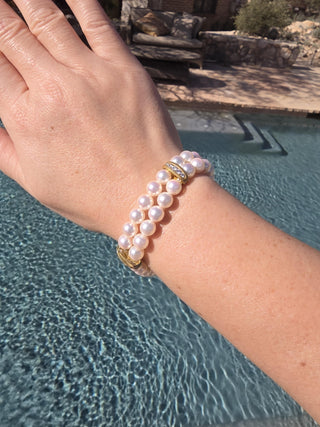 Vintage Double Strand White Pearl with Diamonds 18K Gold Station Bracelet