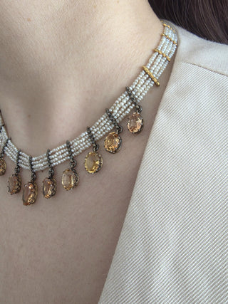 1890s Victorian 28 Carats Imperial Topaz and Pearl Choker Necklace Gold Silver