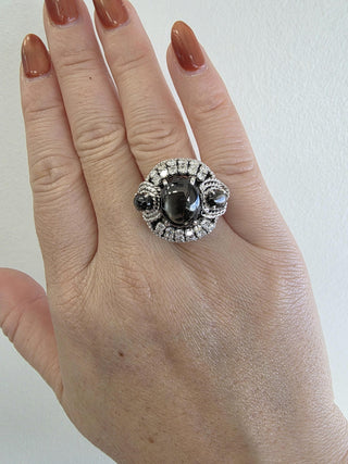 Vintage 5 Carats Black Star Sapphire 3 Stone Diamond Cocktail Ring