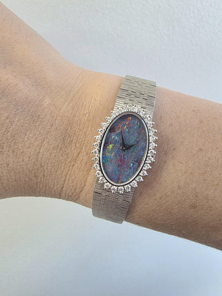 Vintage L.U.C Chopard Oval Opal Dial and Diamond Ladies 18K Gold Cocktail Watch