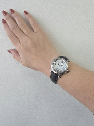Vintage Chopard Happy Sport Diamonds and  Leather Strap S. Steel Watch