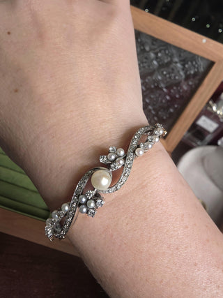 Vintage Pearl & Diamond Floral Cocktail Bangle Bracelet in 14K Two-Tone Gold