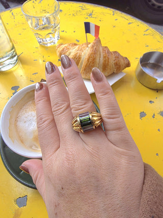 Vintage 18K Gold 3 CT Mix Gemstone Baguette Column and Enamel Dome Ring