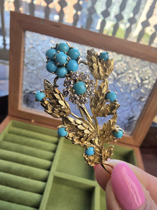 Vintage 18K Gold Italian Turquoise and Diamond Floral Bouquet Brooch
