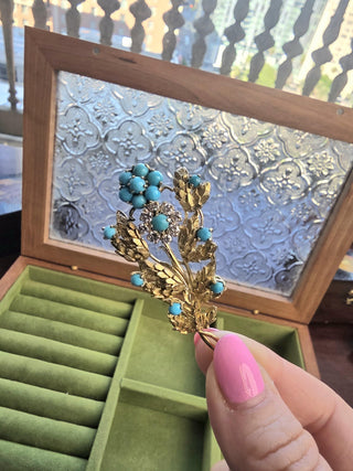 Vintage 18K Gold Italian Turquoise and Diamond Floral Bouquet Brooch