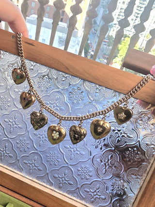 Victorian 14K Gold Heart Lockets with Gemstones Dangle Chain Necklace