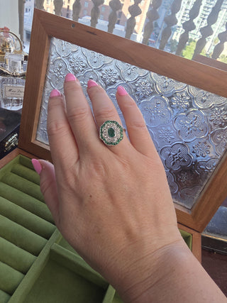 Vintage French 18K Gold 1 Carat Emerald and 0.48 Carats Diamond Floral Ring