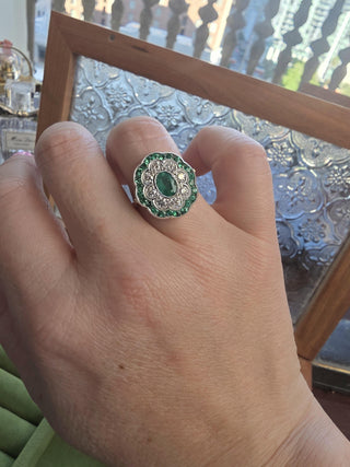 Vintage French 18K Gold 1 Carat Emerald and 0.48 Carats Diamond Floral Ring