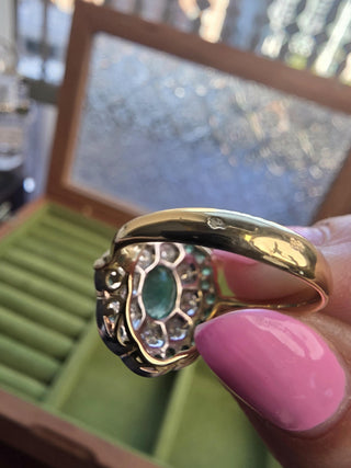 Vintage French 18K Gold 1 Carat Emerald and 0.48 Carats Diamond Floral Ring