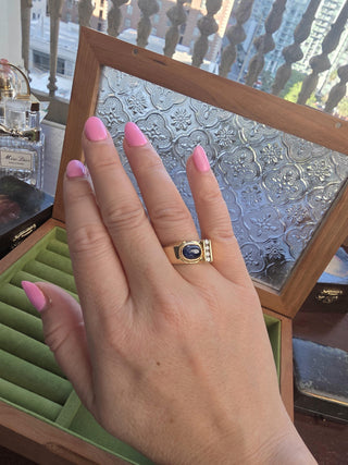 Estate 14K Gold 1 Carat Blue Sapphire Cabochon Bezel and Diamond Ring Band