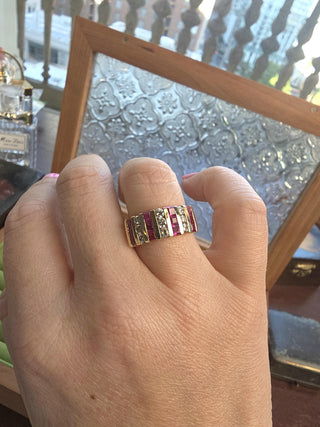 Vintage 14K Gold Ruby and Diamond Channel Set Wide Band Ring