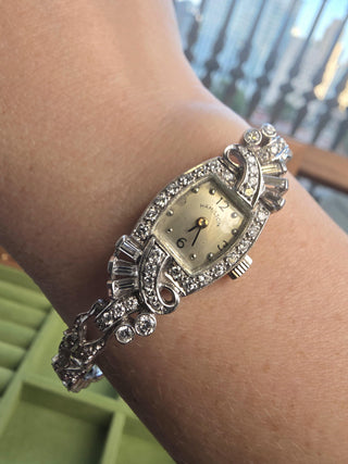 Vintage 1940s Hamilton Tonneau 14K Gold 3 Carats Diamond Ladies Cocktail Watch