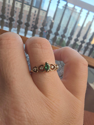 Vintage 14K Gold Emerald Marquise and Diamond Sweet Heart Band
