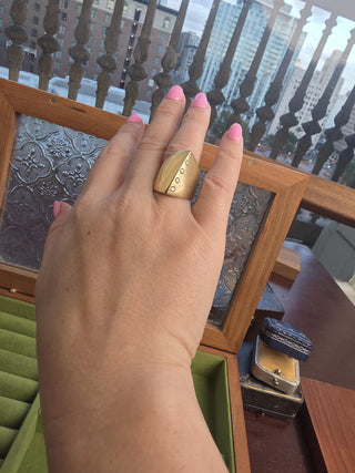 14K Italian Gold Asymmetrical Cigar Style Wide Diamond Ring Band