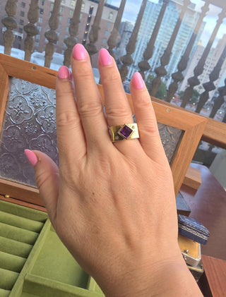 Vintage 14K Yellow Gold Amethyst Bezel and Diamond Contemporary Ring