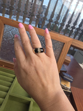 Vintage Black Enamel and Diamond Dome Ring Band 14K Yellow Gold